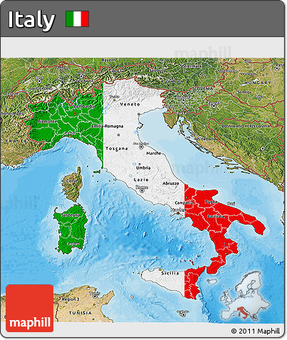 Flag 3D Map of Italy, satellite outside, bathymetry sea