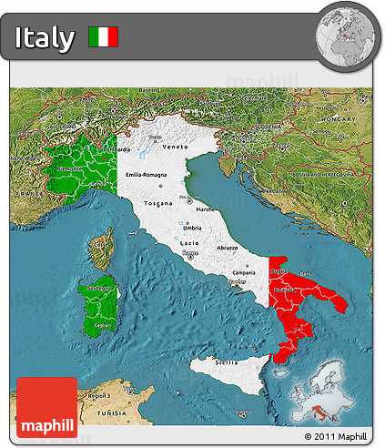 Flag 3D Map of Italy, satellite outside, flag centered