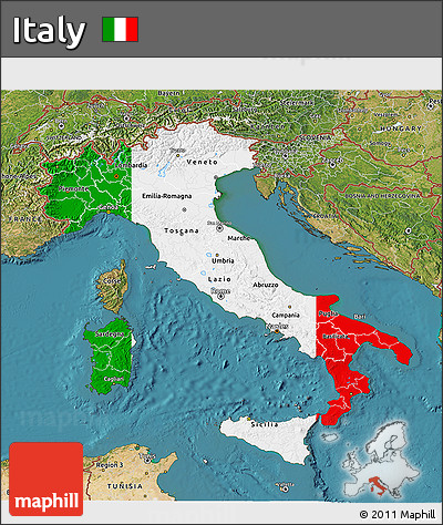 Flag 3D Map of Italy, satellite outside, flag centered