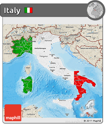 Flag 3D Map of Italy, shaded relief outside, bathymetry sea, flag centered