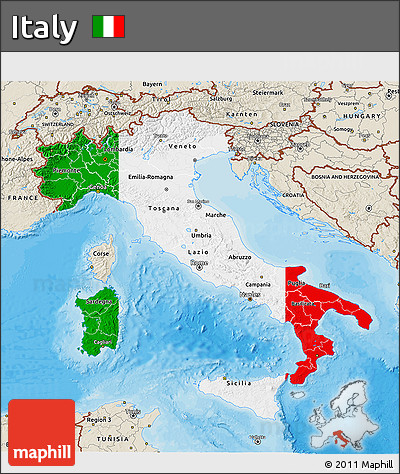 Flag 3D Map of Italy, shaded relief outside, bathymetry sea, flag centered