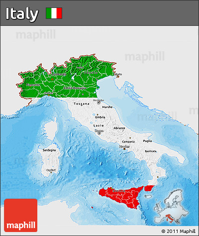 Flag 3D Map of Italy, single color outside, bathymetry sea, shaded relief sea, flag aligned to the middle