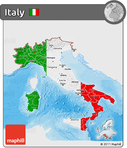 Flag 3D Map of Italy, single color outside, bathymetry sea, shaded relief sea