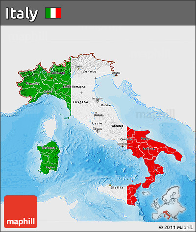 Flag 3D Map of Italy, single color outside, bathymetry sea, shaded relief sea