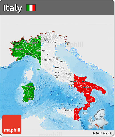 Flag 3D Map of Italy, single color outside, bathymetry sea, shaded relief sea