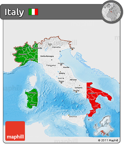 Flag 3D Map of Italy, single color outside, shaded relief sea, flag centered