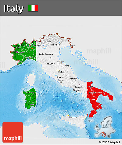 Flag 3D Map of Italy, single color outside, shaded relief sea, flag centered