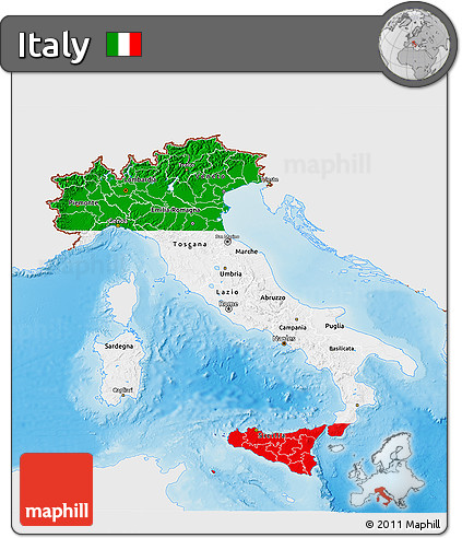 Flag 3D Map of Italy, single color outside, shaded relief sea, flag aligned to the middle