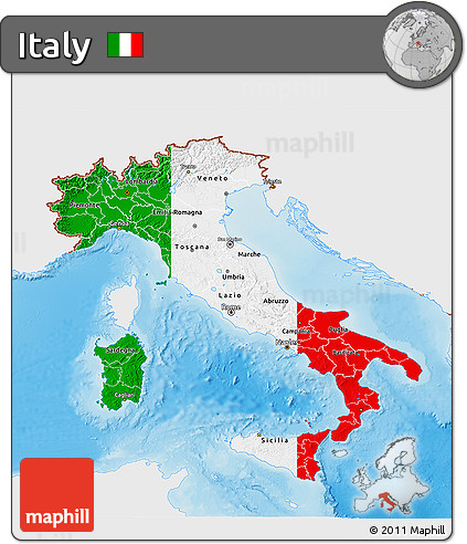 Flag 3D Map of Italy, single color outside, shaded relief sea