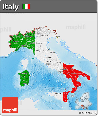 Flag 3D Map of Italy, single color outside, shaded relief sea