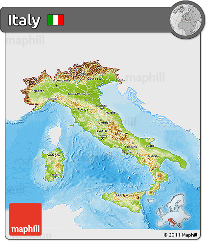 Physical 3D Map of Italy, single color outside, bathymetry sea, shaded relief sea