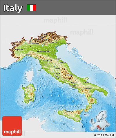 Physical 3D Map of Italy, single color outside