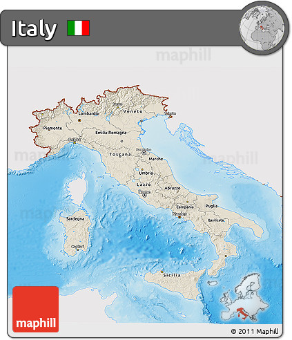 Shaded Relief 3D Map of Italy, single color outside