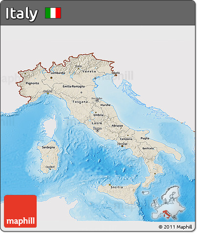 Shaded Relief 3D Map of Italy, single color outside