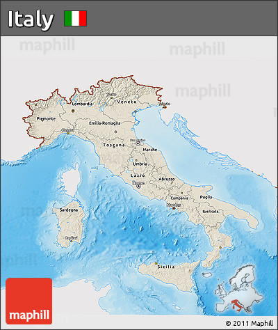 Shaded Relief 3D Map of Italy, single color outside