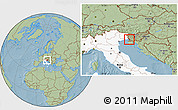 Savanna Style Location Map of Trieste, highlighted country, hill shading