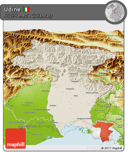 Shaded Relief 3D Map of Udine, physical outside