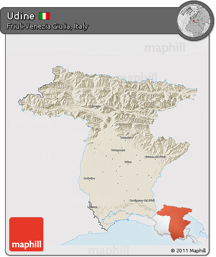 Shaded Relief 3D Map of Udine, single color outside