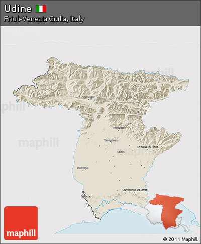 Shaded Relief 3D Map of Udine, single color outside