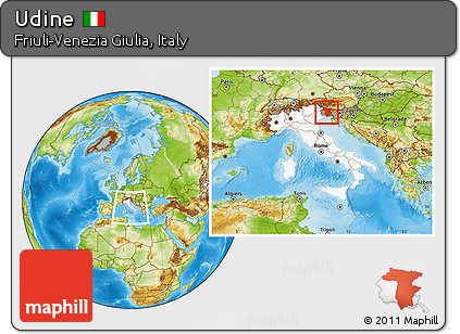 Physical Location Map of Udine, highlighted country, highlighted parent region, within the entire country