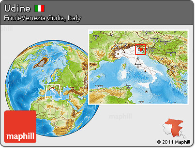 Physical Location Map of Udine, highlighted country, highlighted parent region, within the entire country