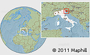 Savanna Style Location Map of Udine, highlighted country, highlighted parent region, within the entire country, hill shading