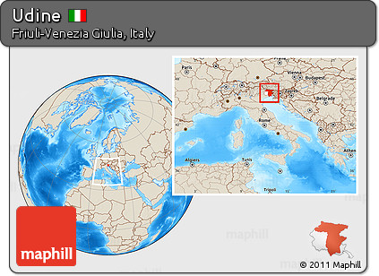 Shaded Relief Location Map of Udine, highlighted parent region, within the entire country
