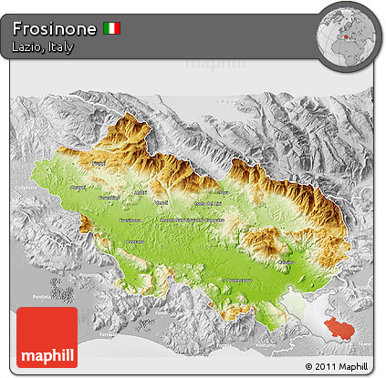 Physical 3D Map of Frosinone, lighten, desaturated