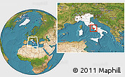 Satellite Location Map of Frosinone, highlighted country, highlighted parent region, within the entire country