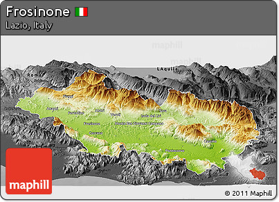 Physical Panoramic Map of Frosinone, darken, desaturated