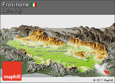 Physical Panoramic Map of Frosinone, darken, semi-desaturated