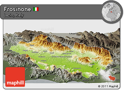 Physical Panoramic Map of Frosinone, darken, semi-desaturated