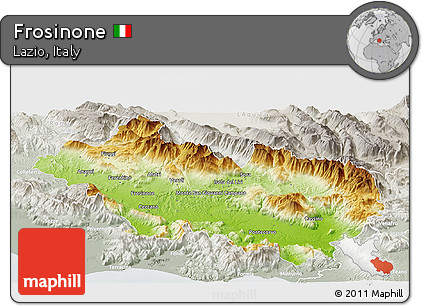 Physical Panoramic Map of Frosinone, lighten, semi-desaturated