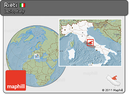 Savanna Style Location Map of Rieti, highlighted country, highlighted parent region, hill shading
