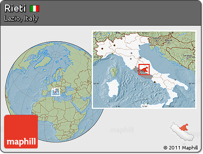 Savanna Style Location Map of Rieti, highlighted country, highlighted parent region, hill shading