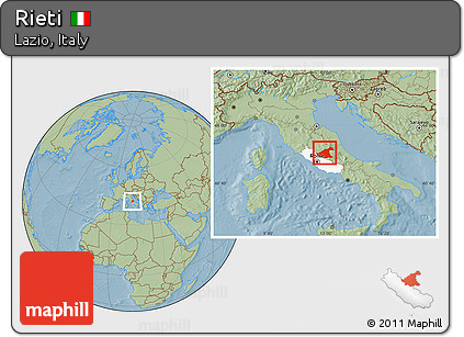 Savanna Style Location Map of Rieti, highlighted parent region, hill shading