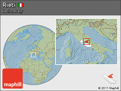 Savanna Style Location Map of Rieti, highlighted parent region, hill shading