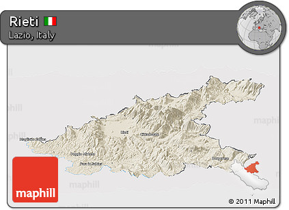 Shaded Relief Panoramic Map of Rieti, single color outside