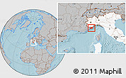 Gray Location Map of Imperia, highlighted country, highlighted parent region, hill shading