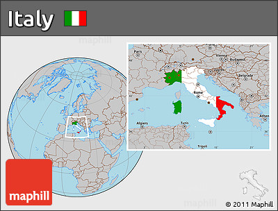 Flag Location Map of Italy, gray outside
