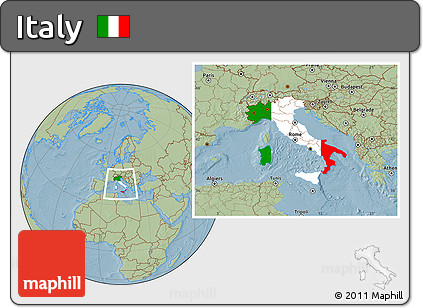 Flag Location Map of Italy, savanna style outside, hill shading outside
