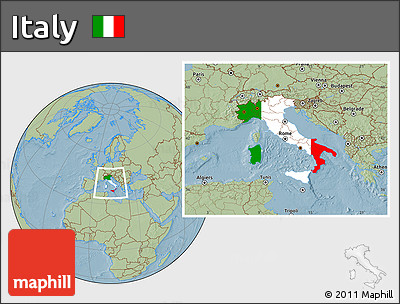Flag Location Map of Italy, savanna style outside, hill shading outside