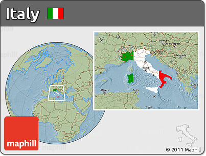 Flag Location Map of Italy, savanna style outside, hill shading outside