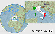 Flag Location Map of Italy, savanna style outside, hill shading outside