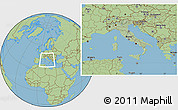 Savanna Style Location Map of Italy, hill shading inside