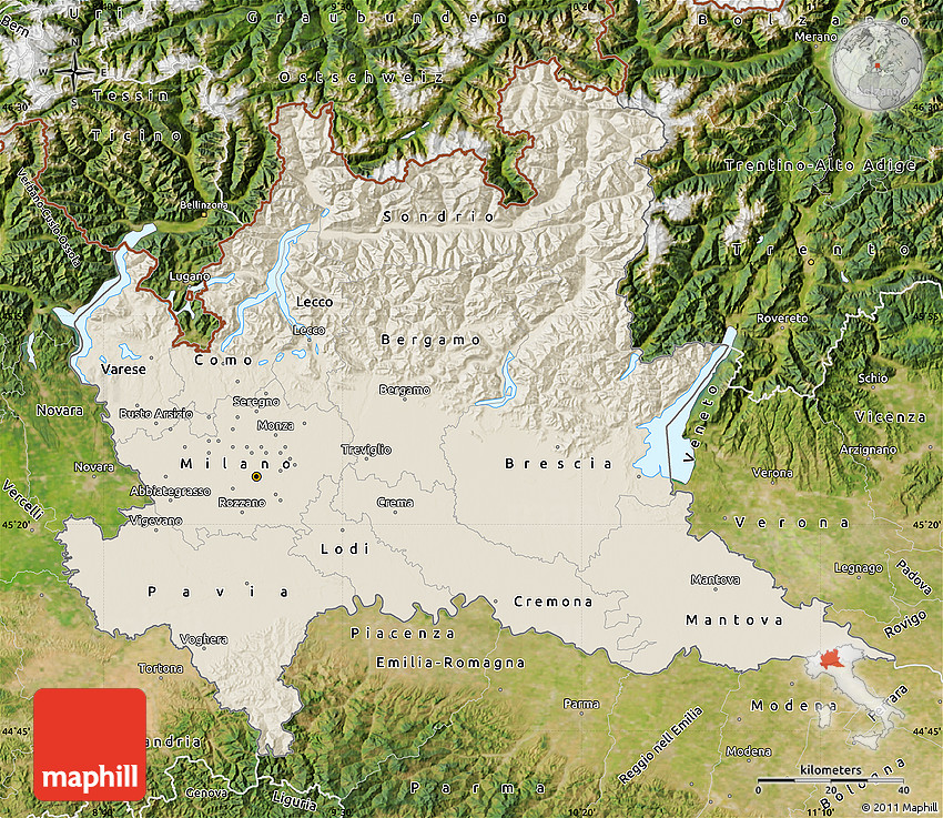 Shaded Relief Map of Lombardia, satellite outside