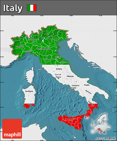 Flag Map of Italy, single color outside, satellite sea, flag rotated