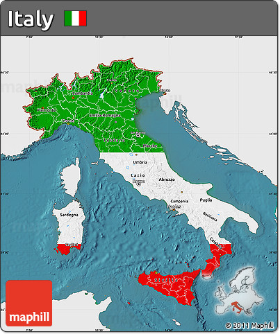 Flag Map of Italy, single color outside, satellite sea, flag rotated