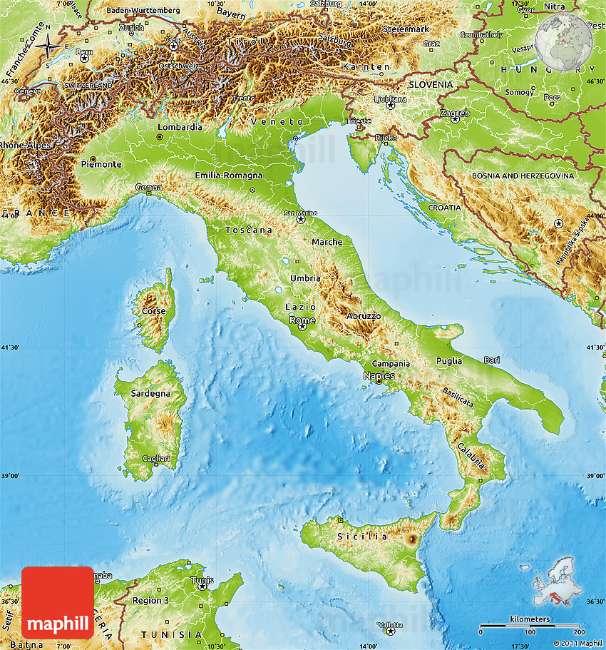 Physical Map Of Italy 8886