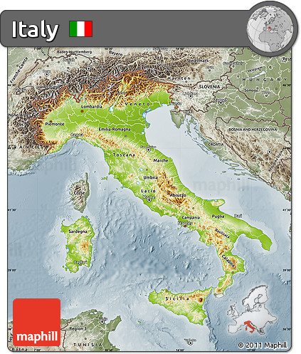 Physical Map of Italy, semi-desaturated